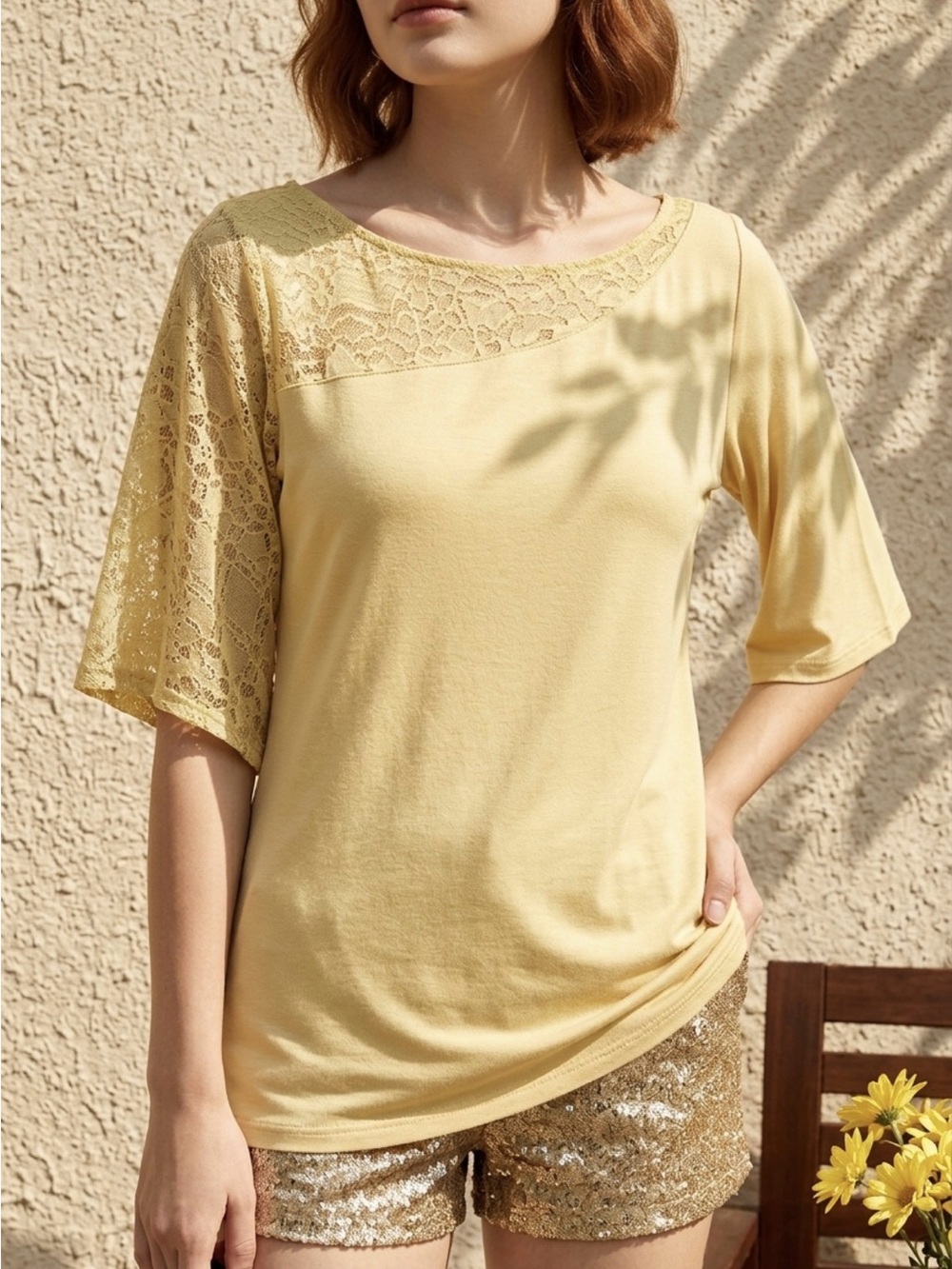 ElegantBohemian Language Asymmetrical Yellow Short Sleeve Tee